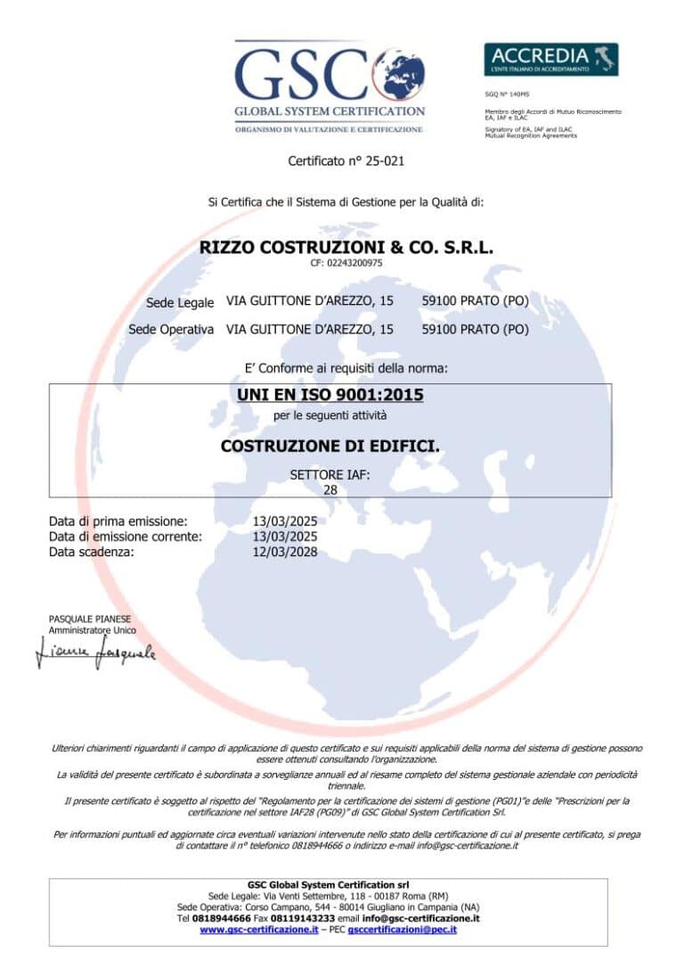 Certificazione iso 9001 rizzo costruzioni